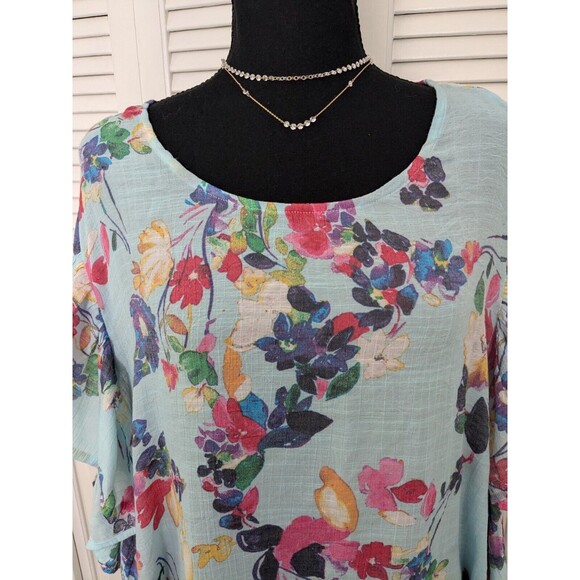 Zac & Rachel Blouse Womens 3X Aqua Floral Top Flutter Sleeve Ruffle Lightweight - Picture 2 of 13